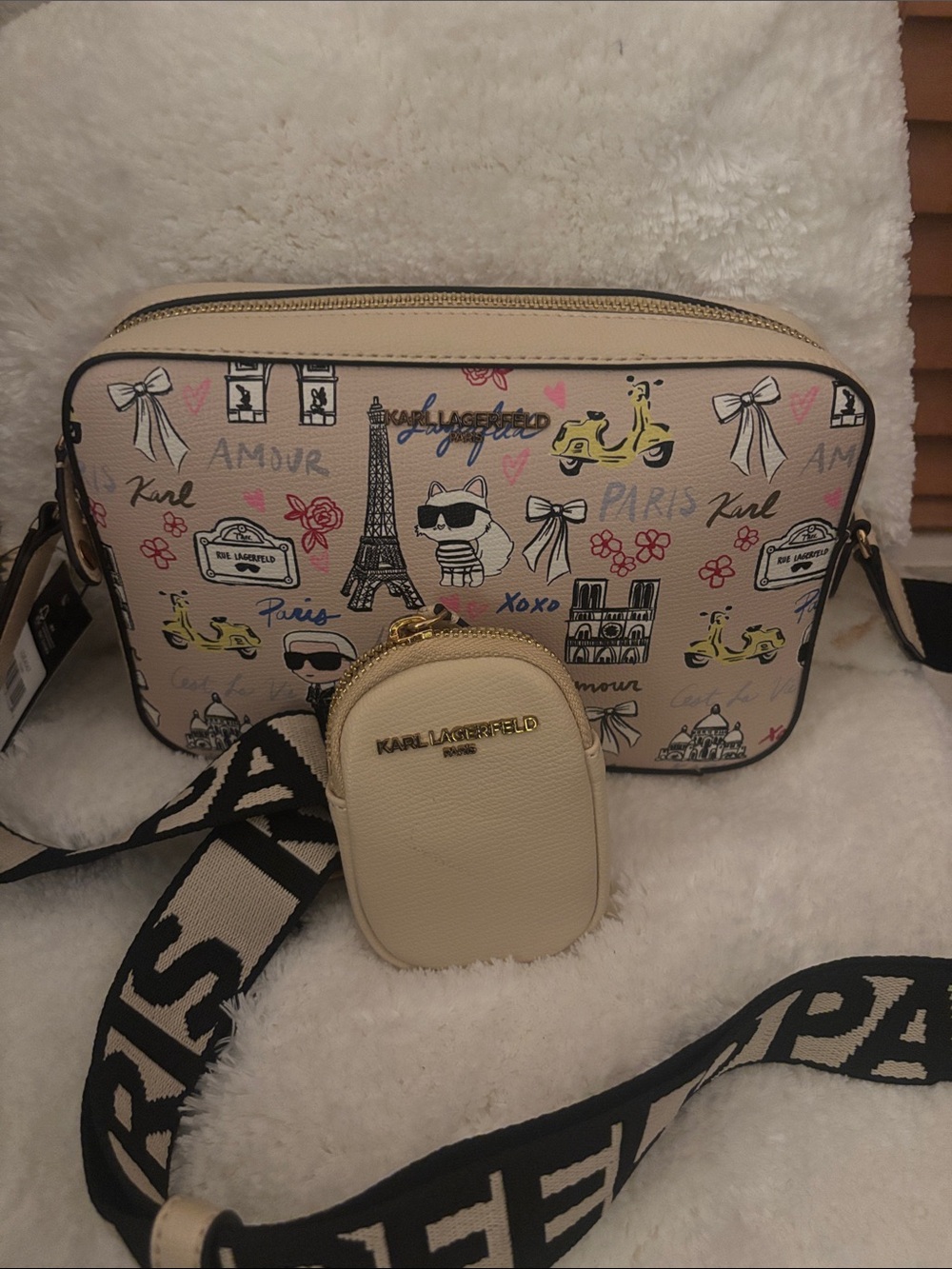 Karl Lagerfeld Cream Paris Print Crossbody with Coin Pouch